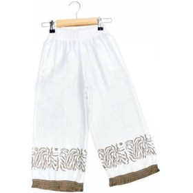 Resim Çikoby Kız Çocuk Baskılı Etnik Desenli Müslin Bol Paça Pantolon-15687 Ekru 