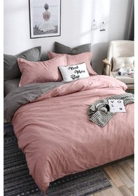 Resim Çift Kişilik Ranforce Çift Taraflı Nevresim Takımı - Lastikli Çarşaflı -pudra/gri Gri - Pudra 