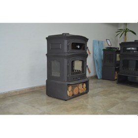 Resim A. Premium Ykst 3 Camlı Yan Kapaklı Odunluklu Kuzineli Döküm Soba 