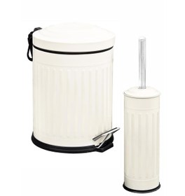 Resim Bysevil Vintage 2 li Banyo Seti Çizgili Beyaz \u002F Çöp kovası \u002F Wc Fırçalık 