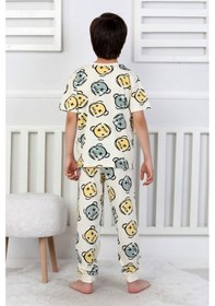 Resim Erkek Çocuk %100 Pamuk Baskılı Pijama Takımı Kısa Kollu, Sevimli Desenler Bej 