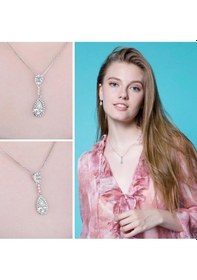 Resim Brezza Lusso Jewelry Zirkon Taşlı Işıltılı Damla Diamond Kadın Gümüş Kolye Küpe Seti 