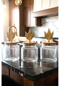 Resim 3 Lü Bambu Kapaklı Metal Yaprak Figürlü Cam Kavanoz Seti - Saklama Kabı 635cc Şeffaf 