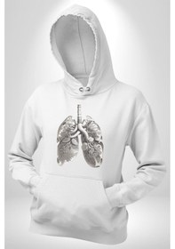 Resim Porselen Akciğer Çiçekler Açmış Kadın Erkek Beyaz Kapüşonlu Sweatshirt Hoodie Beyaz 