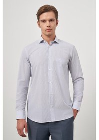 Resim İmza Beyaz Uzun Kol Çizgili Desen Bez Ayağı Yarım İtalyan Yaka Cepli Pamuklu Classic Comfort Fit Gömlek 1004245175 Beyaz 