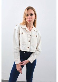 Resim Kadın Ekru Crop Kesim Jean Ceket ekru 