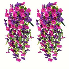 Resim Boho Stil 2'li Yapay Krysantemum Salları, Plastik & Ipek Ateşsiz Çiçek Askı Sepeti, Kapı Porsuk Bahçe Dekoru için UV Dirençli Sahte Sabah Gülü Sarmaları - Noel, Cadılar Bayramı, Paskalya, Hanuka, Şükran Günü - Tüy Yok 
