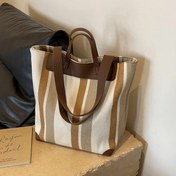 Resim Kadınlar için Günlük Tote Çanta - Fermuarlı ve Sabit Omuz Askılı, Büyük Kapasiteli Çizgili El Çantası, Dayanıklı Polyester Astarıyla İşe Gidiş-Dönüş, Alışveriş İçin (Koyu Yeşil/Bej/Siyah), Çok Yönlü Moda Aksesuarı, Sağlam Sap Yapısı 