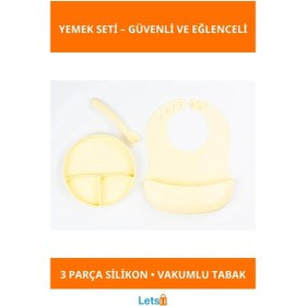 Resim Sarı 3 Bölmeli Vakumlu Silikon Bebek Mama Seti Önlük, Diş Kaşıyıcılı Kaşık 