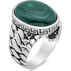 Resim Oval Kesim Yeşil Malahit Taşlı 925 Ayar Gümüş Yüzük - 506049444 