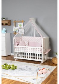 Resim Ahşap Beşik Anne Yanı Beşik Beyaz 70x130 - Pembe Balina Uyku Seti + Yataklı Beyaz - Pembe 