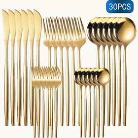 Resim 30 Parça Paslanmaz Çelik Yemek Takımı, 6 Kişilik Klasik Altın Renkli Mutfak Eşyaları, Restoran, Parti, Şükran Günü, Paskalya ve Düğün için Uygun, Bulaşık Makinesine Uygun 