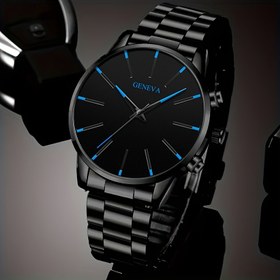 Resim Erkekler için şık siyah paslanmaz çelik kuvars saat, mavi detaylarla - İş tarzında, yuvarlak kadran, düğme pil, su geçirmez olmayan, resmi aksesuar|Minimalist Saat|Dayanıklı Saat 
