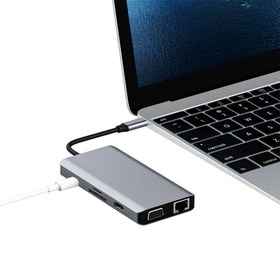 Resim Recci RH09 Type-C to Type-C + SD/TF + USB3.0 + USB2.0 + HDMI + VGA + RJ45 Bağlantılı 9in1 Hub - Gri 