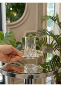 Resim Çnr Home Collection 12 Parça 6 Kişilik Kristal Kesim Çay Bardaği Seti Gold 