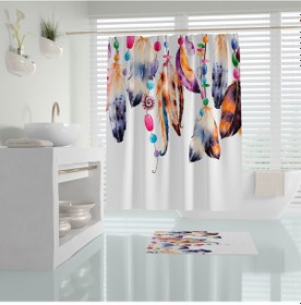 Resim Renkli Tüy Desen Banyo Duş Perdesi-180x200cm Duşakabin Perdesi, Tek Kanat Dream Catcher Duş Perde 