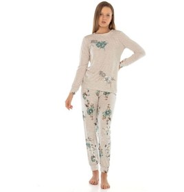Resim Vishenka Kadın Kahve Melanj Viskon Likralı Baskılı Pijama Takımı Beyaz 