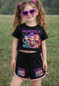 Resim K-Pop Demon Hunter Huntirx Çizim Baskılı Siyah Crop-Şort Takım 