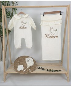 Resim Gros Shop Müslin Yeni Doğan 4katlı Organik %100pamuk Kişiye Özgü Nakışlı Hastane Çıkış Seti Kuş Model-2 Ekru-1 