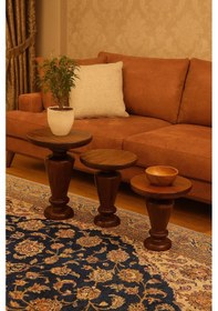 Resim Doğal Ahşap Mantar Sehpa 3 Lü Set Fındık Renk Zarif Zigon Takımı Kahverengi 