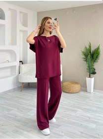 Resim Hazego Kadın Kısa Kollu Kayık Yakalı Dikiş Izi Detaylı Viskon Iki Iplik Bluz Ve Pantolon Ikili Takım Bordo 