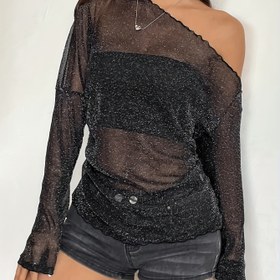 Resim Kadın Modası Asimetrik Tek Omuzlu Uzun Kollu Üst, Parlak File Örgü Polyester %95 ile %5 Elastane, Düz Renk, Hafif 9g/m² Kumaş, Bahar/Yaz/Sonbahar için 