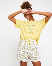 Resim Tweety Baskılı Pijama Takımı Şortlu Kısa Kollu 