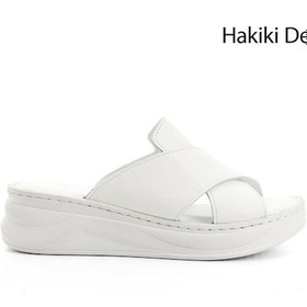 Resim Gönderi R Beyaz Çapraz Bantlı Dolgu Topuk Hakiki Deri Comfort Terlik Bej - Beyaz - Kırmızı 