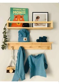 Resim Montessori Stil Doğal Ahşap Duvar Rafı Ve Askılık Çocuk Odası Düzenleyici Hazır Kurulum 2'li Set Ahşap 