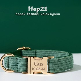 Resim Dog Collar Named Dark Green Corduroy Collar 370302 - 4pcs set / M 