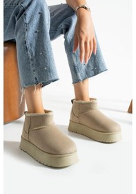 Resim Kadın Mini Süet Içi Kürklü Yüksek Kalın Taban Kışlık Bot & Bootie Bej 
