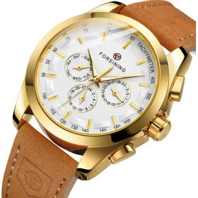 Resim Hanyang Altın Beyaz Forsınıng Altın Izle Basit Içi Boş Üç Göz Altı Pinli Mekanik Saat Dairesel Hafta Kahverengi Kemer Izle Alaşım Mekanik Saat (Yurt Dışından) 