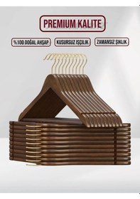 Resim Ceviz Ahşap Elbise Pantolon Askısı Gold Kanca 10 Adet Ceviz 