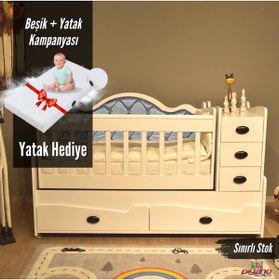 Resim PIYANO GENÇ VE BEBEK ODASI Beste Döşemeli Şifonyerli 60 X 120 Yatak Hediyeli Sallanır Anne Yanı Büyüyebilen Bebek Beşiği 