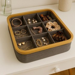 Resim Ahşap Çerçeveli 9 Bölmeli Kumaş Makyaj Ve Kozmetik Organizer 