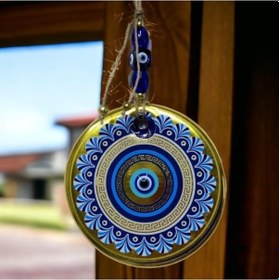 Resim Altın Varak Nazar Boncuklu Duvar Süsü Cam Duvar Dekoru 