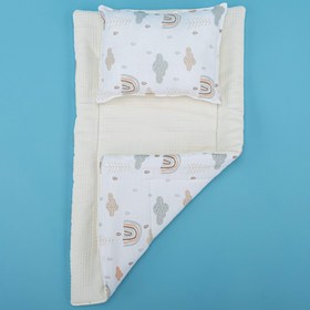 Resim Alt Açma Matı ve Yastık - Çift Taraflı - Krem Waffle - Yeşil Gökkuşağı 