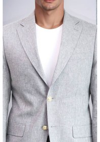 Resim Gri Keten Dokulu Gold Renk Metal Düğmeli Slim Fit Erkek Blazer Ceket - Wessi Grey 