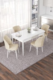 Resim Canisa Nef Serisi 70x114 Açılabilir Mdf Beyaz Mutfak Masası Takımı Ve 4 Krem Sandalye 