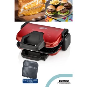 Resim Kırmızı 1800W Granit Çıkarılabilir Plakalı 5 Kademeli Isı Ayarlı Tost ve Izgara Makinesi 
