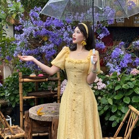 Resim Kadın Sarı Fransız İlhamlı Kare Yaka Puf Kollu Maxi Elbise - Zarif Uzun Kollu, Polka Dots, Kare Yaka, Yaz, Yetişkin, Rahat Kıyafet, Rahat Kıyafet|Fransız İlhamlı Elbise|Kare Yaka, Elbise 