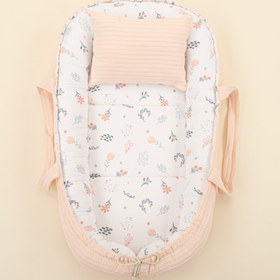 Resim Babynest ve Yastık - Çift Taraflı - Somon Örgü - Yeşil Çiçekler 