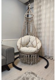 Resim Tek Kişilik Makrome El Örgüsü Salıncak Bej Minderli Mis38002m Bej 