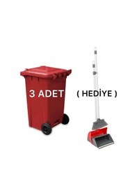 Resim 3 Adet Plastik Çöp Konteyneri 240 Lt Isıya Karşı Dayanıklı Kapaklı Faraş Hediyeli Kırmızı 