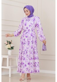 Resim Sevitli Yarım Düğmeli Lotus Elbise-mor-5246 Mor 