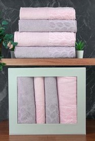 Resim Hazal%100 Pamuklu Kutulu 4'lü Banyo Havlu Seti Hamam Takımı 50x90-90x150 Gri-Pudra - 00081 