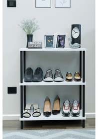 Resim 3 Katlı Ayakkabılık Raf - Çevir Tak Sistemli Kolay Kurulum Metal Gövde Ahşap Raflı Organizer Beyaz 