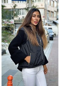 Resim Keyifli Moda Kadın Siyah Dik Yaka Kolları Triko Cepleri Fermuarlı Şişme Mont - 38 Siyah 