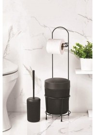 Resim Metal Standlı Yuvarlak Kovalı &amp Kağıtlıklı &amp Fırçalıklı Siyah Banyo Takımı 