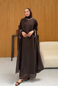 Resim Taş Detaylı içlik Elbise Panço Abaya Kahverengi - 42 / Kahverengi 